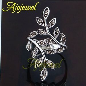 Black Rhinestone Antique Leaf Women Ring, Size 8,9